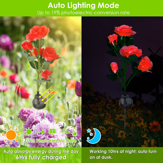 3 Colors Option -- 2Pcs Solar Powered Lights Outdoor Rose Flower LED Decorative Lamp Water Resistant Pathway Stake Lights For Garden Patio Yard Walkway