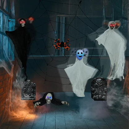 Outdoor Halloween Decorations 8-Piece Set, Hanging Ghosts Decor And Cobweb And Gravestone With Lighted Up Eyes, Scary Swinging Ghost Flying For Yard Patio Lawn Garden