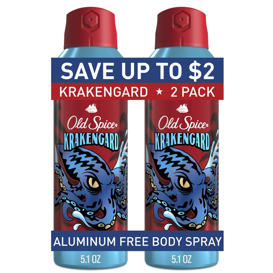 Old Spice Body Spray Krakengard for Men 2 Pack 5.1 oz Each Aluminum Free Deodorant