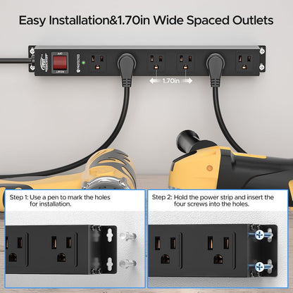 CRST 2PK Wider Spaced 6 Outlet Metal Surge Protector Power Strip 2100J 15A 1875W Heavy Duty Mountable Power Bar 6FT Flat Plug Extension Cord