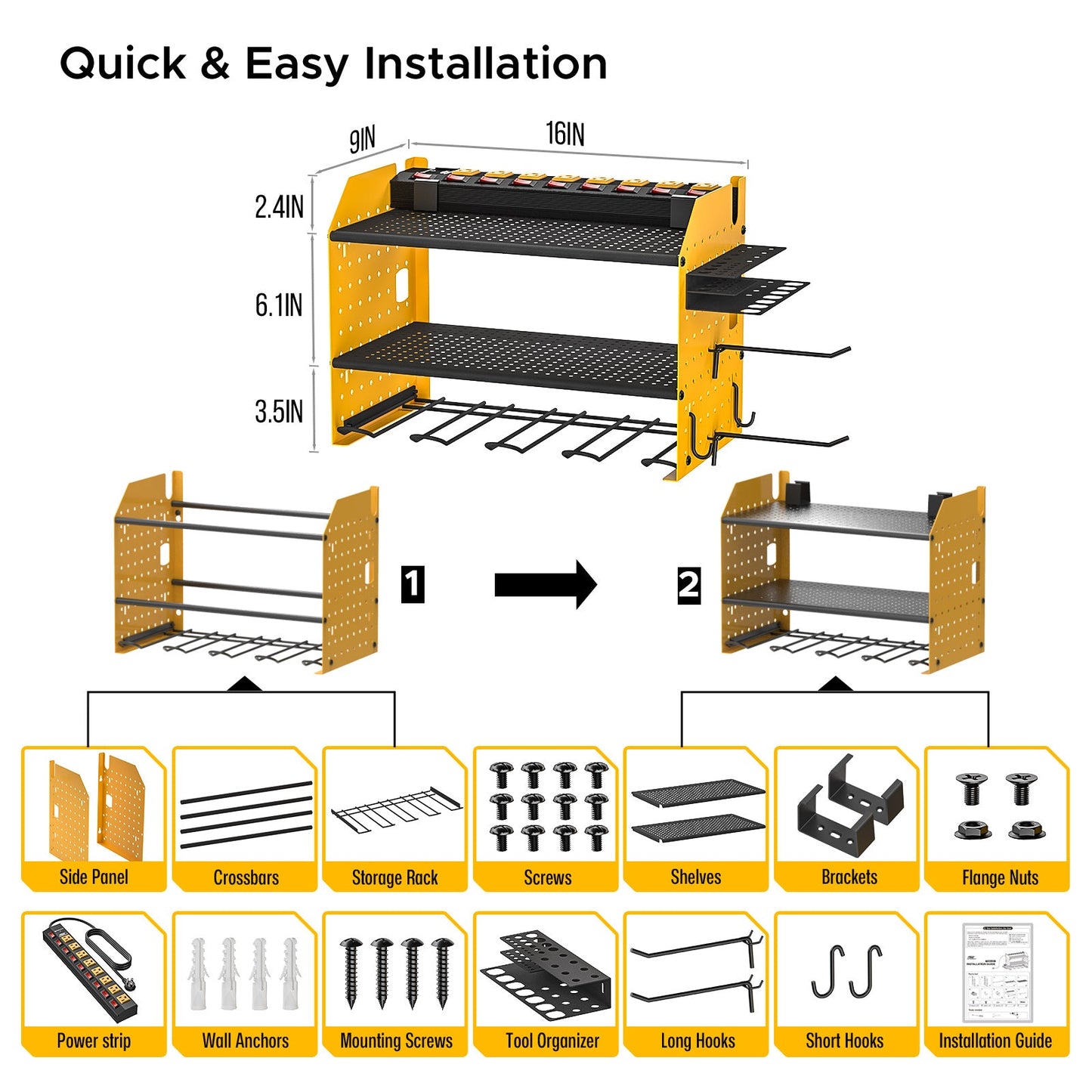 Power Tool Organizer Wall Mount, Cordless Drill Holder with 8-Outlet Power Strip, Modular Garage Organization Storage Rack 36 Months Warranty