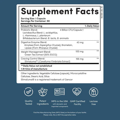 Nucific® Bio-X4 – 4-in-1 Probiotic Weight Management Supplement with Digestive Enzymes & Green Tea Extract – 90 Capsules