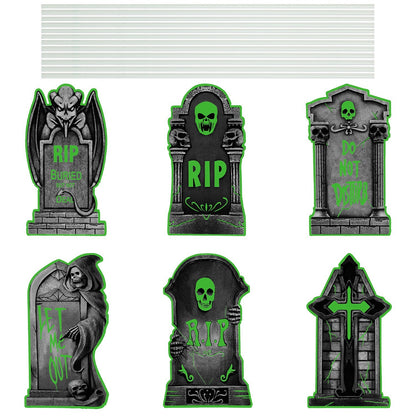 6Pcs Skull Or 6Pcs Tomb Or 5Pcs Black Cat Halloween Yard Sign Decorations  Glow In The Dark For Haunted House Garden Yard And Scary Theme Party