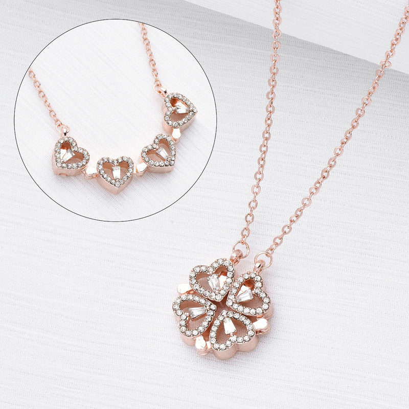Retro Magnetic Heart-Shaped Four-Leaf Clover Pendant Necklace – Women’s Openable Choker Jewelry & Gift