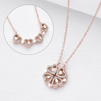 Retro Magnetic Heart-Shaped Four-Leaf Clover Pendant Necklace – Women’s Openable Choker Jewelry & Gift
