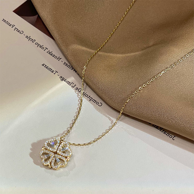 Retro Magnetic Heart-Shaped Four-Leaf Clover Pendant Necklace – Women’s Openable Choker Jewelry & Gift