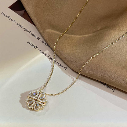 Retro Magnetic Heart-Shaped Four-Leaf Clover Pendant Necklace – Women’s Openable Choker Jewelry & Gift