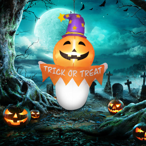 Outsunny 3.4ft Halloween Inflatables Window Sticker Ghost With Orange Face, Blow Up Halloween Decorations Outdoor LED Yard Display, Waterproof