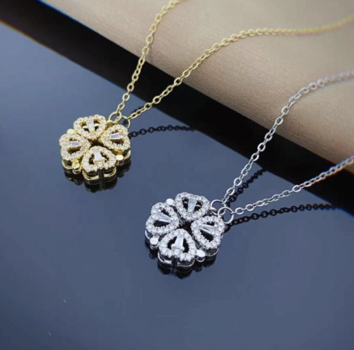 Retro Magnetic Heart-Shaped Four-Leaf Clover Pendant Necklace – Women’s Openable Choker Jewelry & Gift