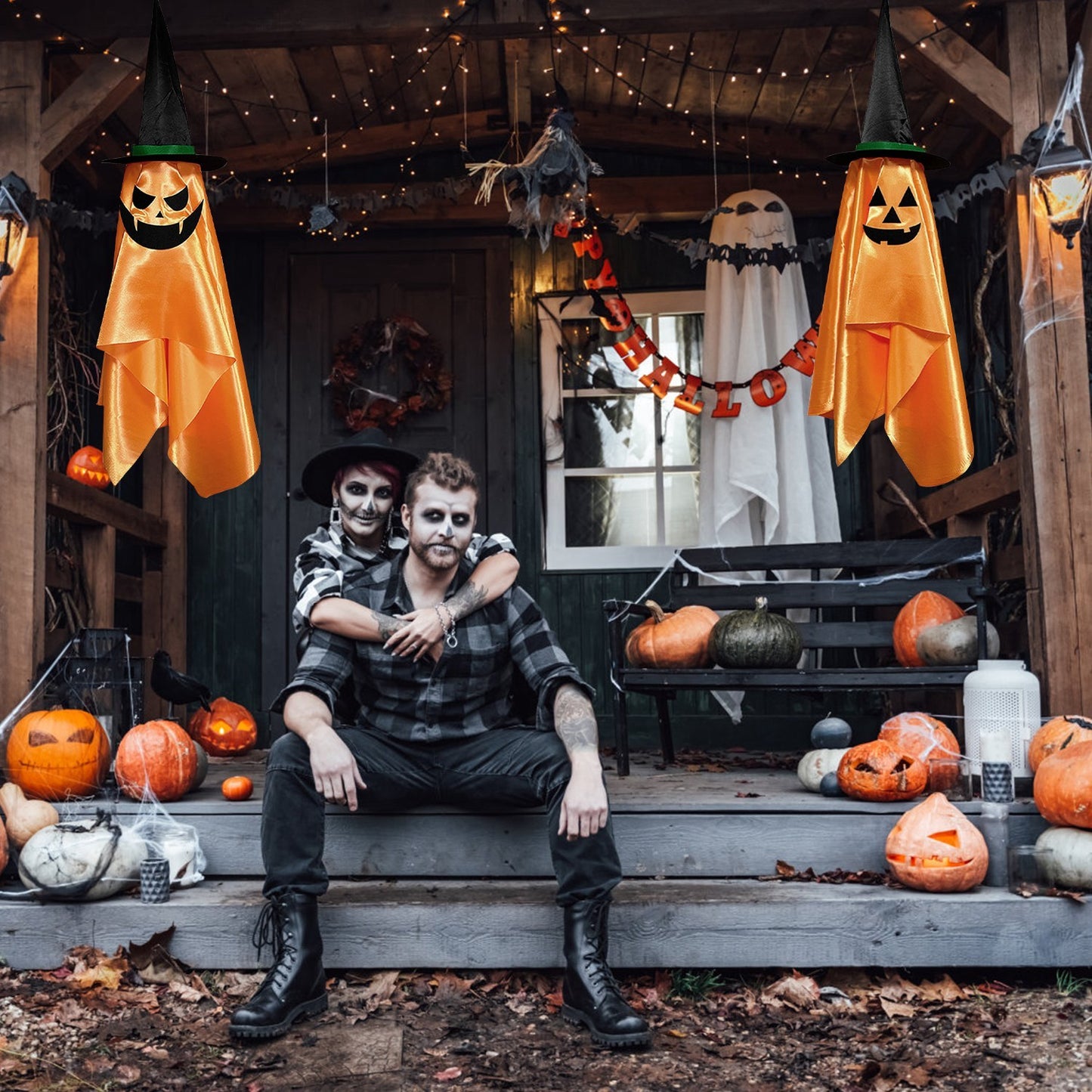 2Pcs Hanging Ghosts With Wizard Hat Snicker Scary Face Halloween Party Hanging Decorations Pumpkin Wizard Hat For Eave Tree Porch