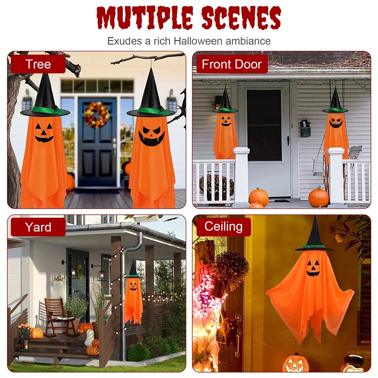 2Pcs Hanging Ghosts With Wizard Hat Snicker Scary Face Halloween Party Hanging Decorations Pumpkin Wizard Hat For Eave Tree Porch