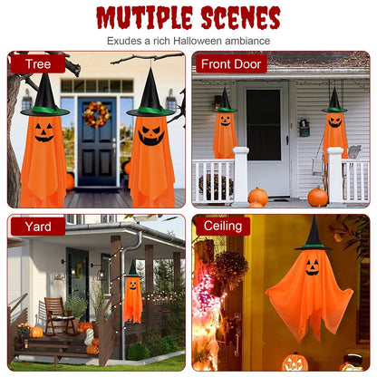 2Pcs Hanging Ghosts With Wizard Hat Snicker Scary Face Halloween Party Hanging Decorations Pumpkin Wizard Hat For Eave Tree Porch