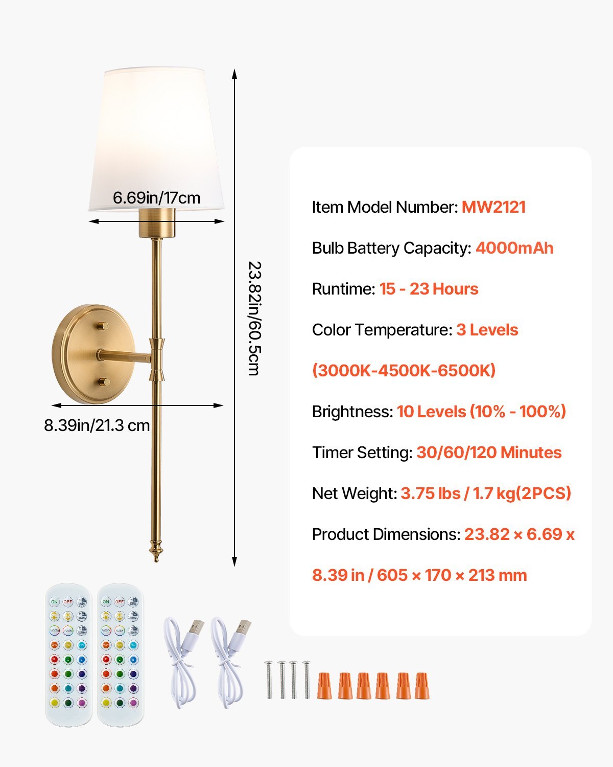 Battery Operated Wall Sconce Set Of 2 Wireless Wall Lights With Remote Control, Under Cabinet Lights