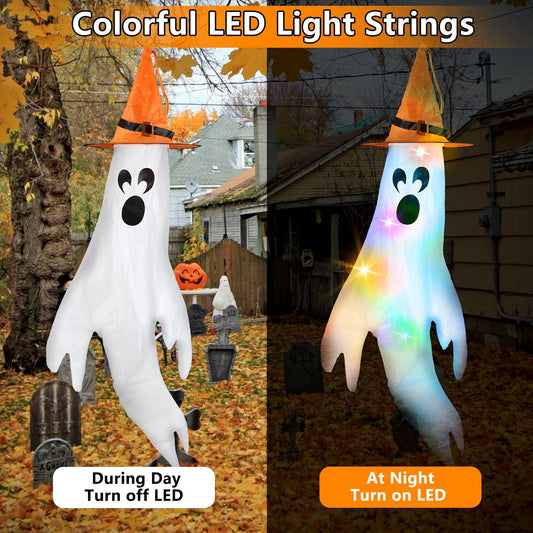 4Pcs Per Set Halloween Ghosts With Witch Hats Windsocks Hanging Decoration With Colorful LED Light Outdoor Flag Wind Socks Halloween Party Decoration For Yard Garden Tree