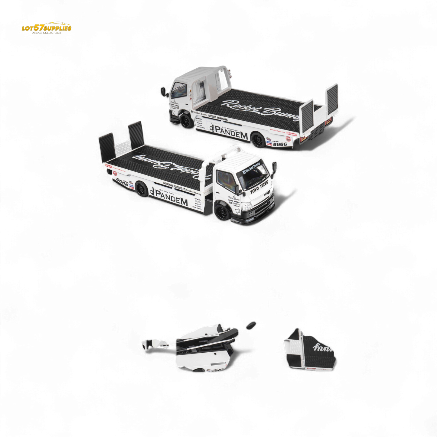 MicroTurbo HINO 300 Flat Bed Transport Truck in Pandem Rocket Bunny White 1:64