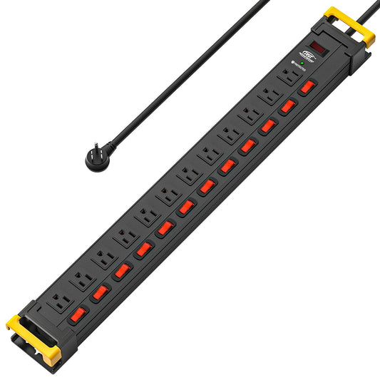 CRST 12 Outlets Individual Switches Metal Power Strip Surge Protector with Cord Holder, 9FT Flat Plug Power Cord  3years warranty
