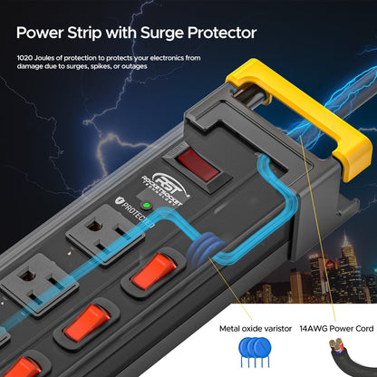 CRST 12 Outlets Individual Switches Metal Power Strip Surge Protector with Cord Holder, 9FT Flat Plug Power Cord  3years warranty