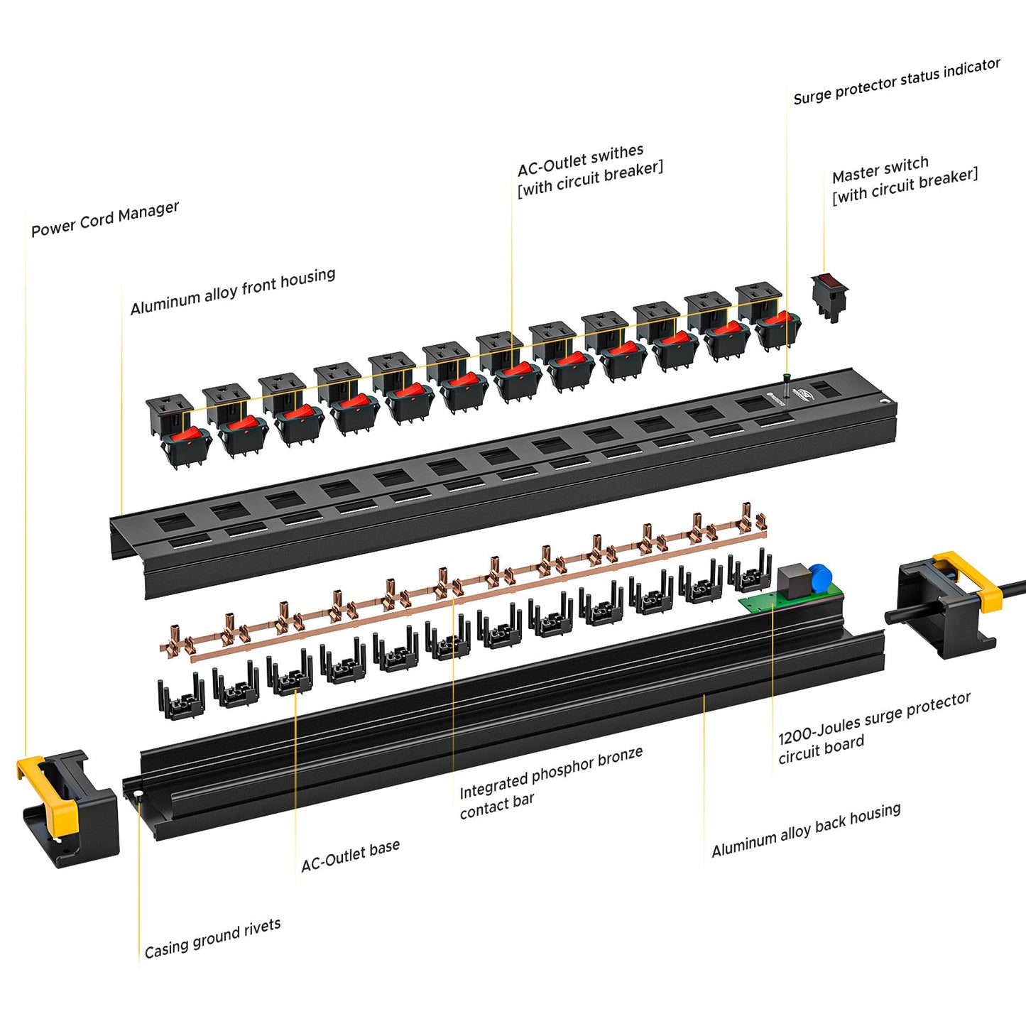 CRST 12 Outlets Individual Switches Metal Power Strip Surge Protector with Cord Holder, 9FT Flat Plug Power Cord  3years warranty