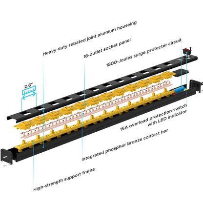CRST Wideoutlets 2.6" Wide Spaced 12 Outlets Mountable Metal Power Strip Surge Protector with 1800 Joule Protection & EMI Filter Heavy Duty Construction 15A Circuit Breaker Included
