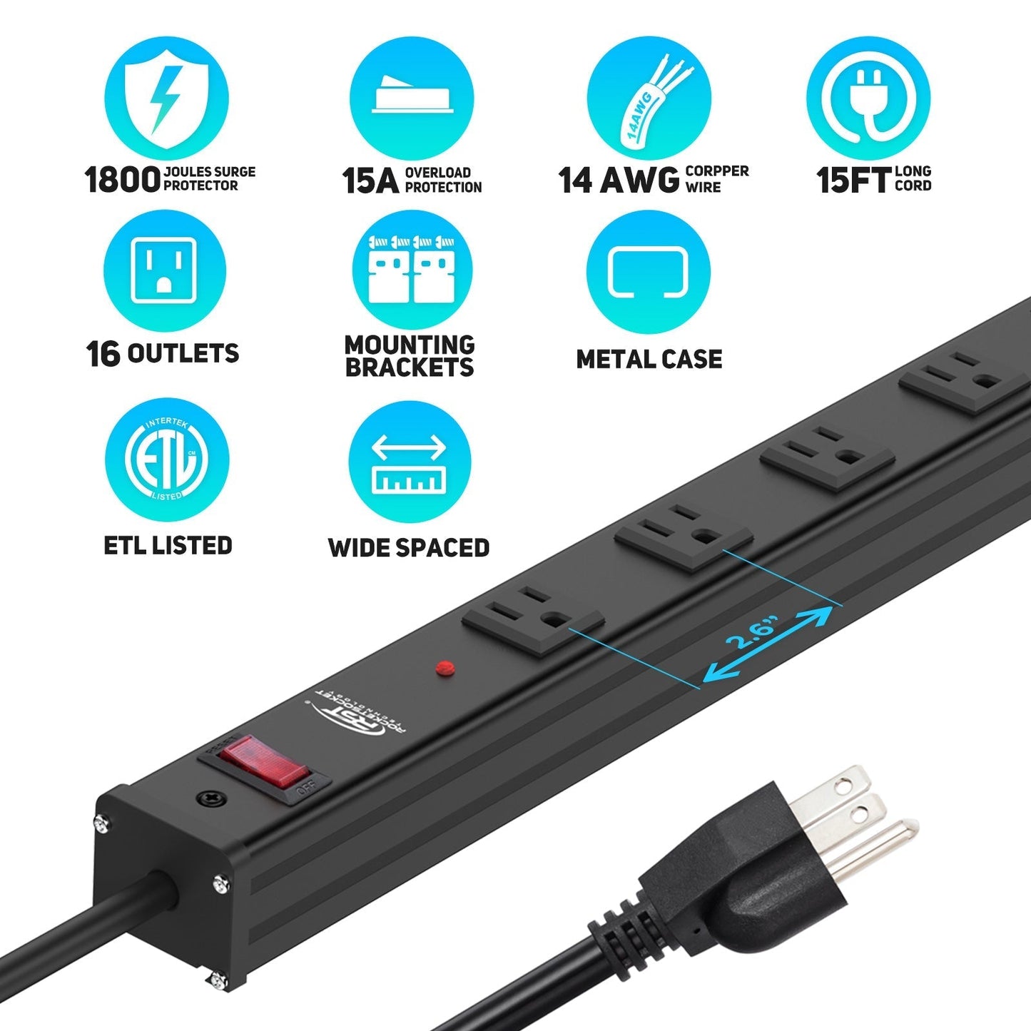 CRST 2.6" Wide Space 16 Outlets Mountable Metal Power Strip Surge Protector, Optional 15FT/6FT Power Cord, Mounting Brackets Included