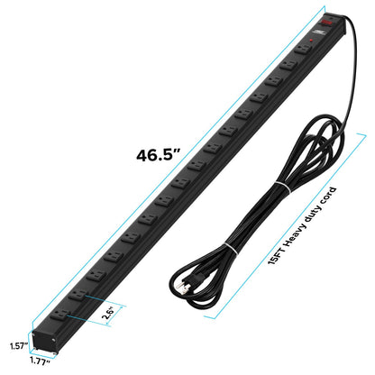 CRST 2.6" Wide Space 16 Outlets Mountable Metal Power Strip Surge Protector, Optional 15FT/6FT Power Cord, Mounting Brackets Included